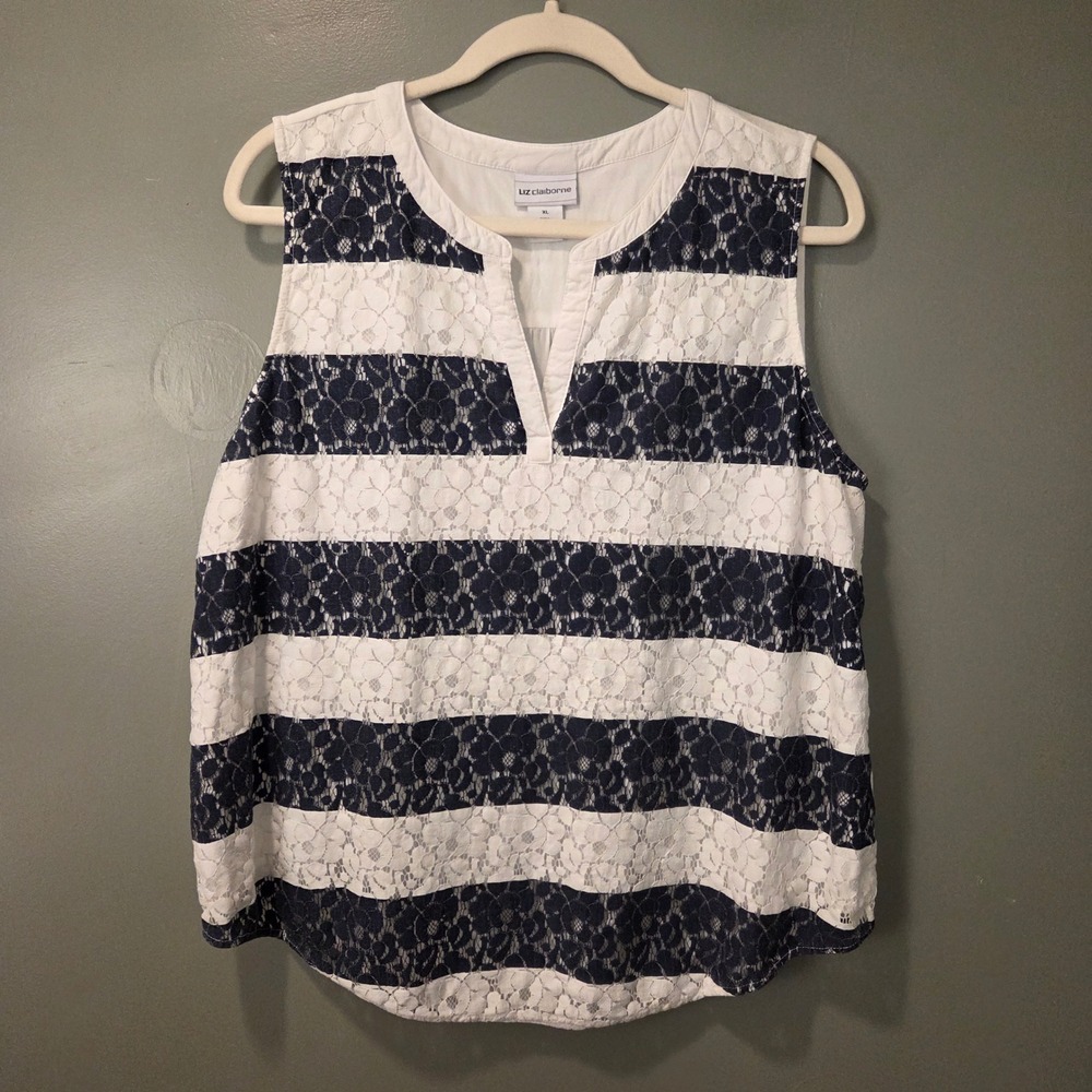 Liz Claiborne Women's‎ Lace Overlay Sleeveless Blouse Size XL White Navy